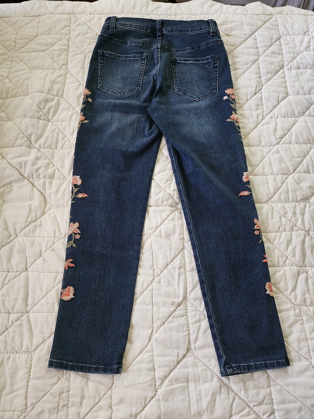 DG2 by Diane Gilman Dark Blue Straight Leg Jeans with Pink Floral Embroidery - Picture 3 of 9